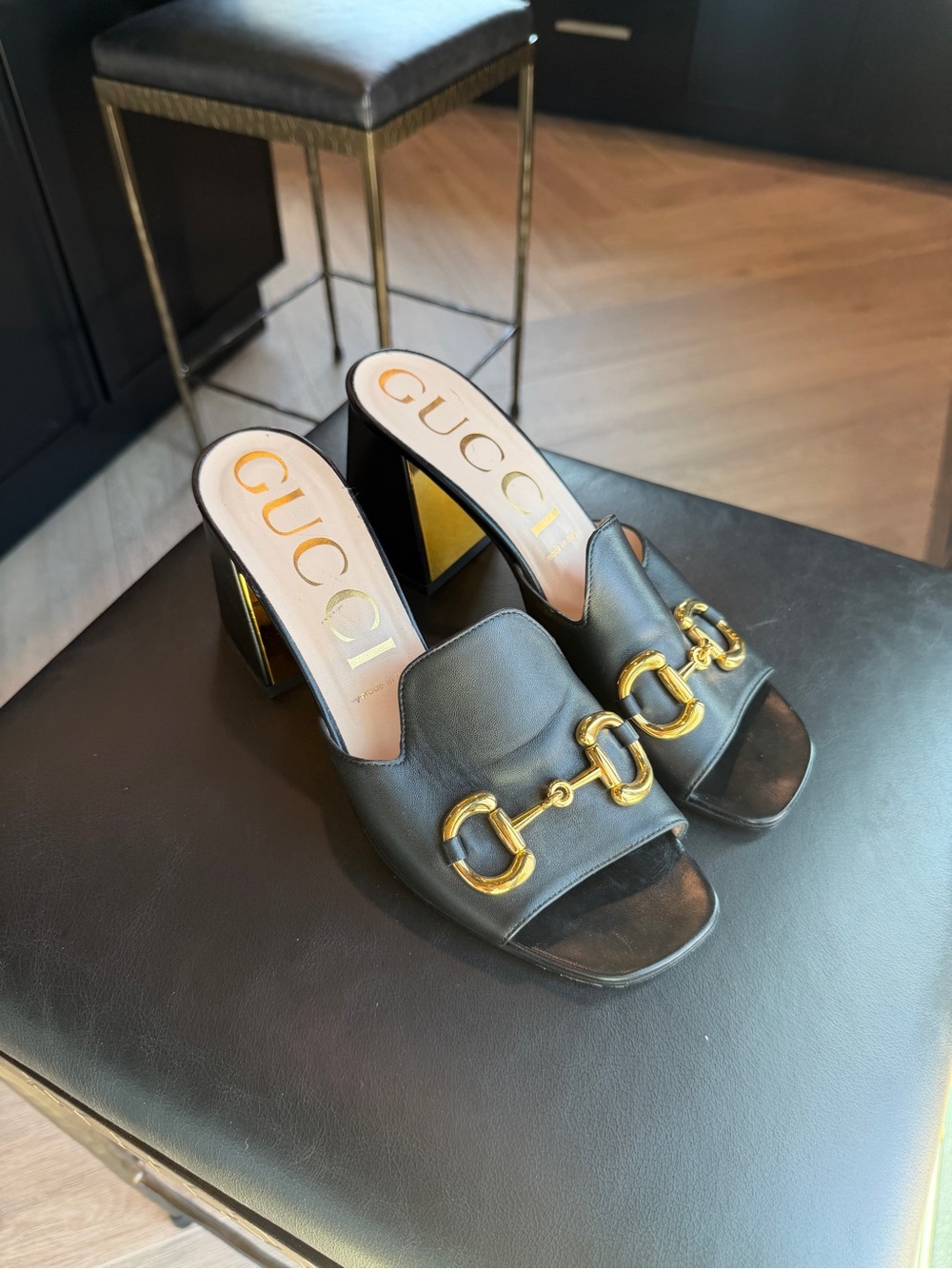 Gucci Black Leather Horsebit Block Heel Mules